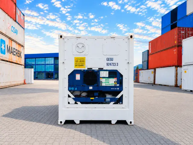 Frente del contenedor refrigerado con el equipo de frío a la vista y su matrícula